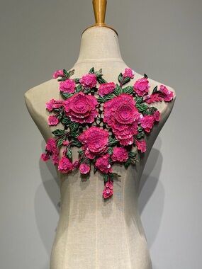 Hot Pink Floral Appliqué Patch - Large Embroidered Roses